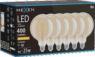 Mexen Vintis 6x LED-Filament-Glühbirne E27, G125, 4W, Warm - 2200K, 400 lm, Bernstein - L158-E27-0422-50x06