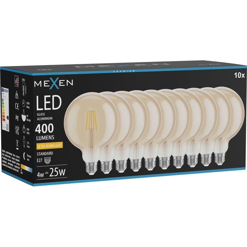 Mexen Vintis 10x LED-Filament-Glühbirne E27, G125, 4W, Warm - 2200K, 400 lm, Bernstein - L158-E27-0422-50x10