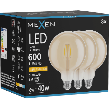 Mexen Vintis 3x LED Filament Glühbirne E27, G125, 6W, Warm - 2200K, 600 lm, amber - L158-E27-0622-50x03