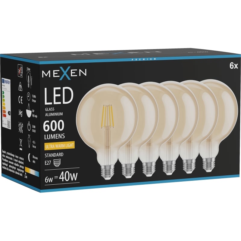 Mexen Vintis 6x LED-Filament-Glühbirne E27, G125, 6W, Warm - 2200K, 600 lm, bernstein - L158-E27-0622-50x06