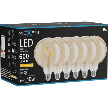 Mexen Vintis 6x LED-Filament-Glühbirne E27, G125, 6W, Warm - 2200K, 600 lm, bernstein - L158-E27-0622-50x06