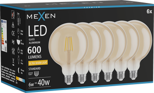 Mexen Vintis 6x LED-Filament-Glühbirne E27, G125, 6W, Warm - 2200K, 600 lm, bernstein - L158-E27-0622-50x06