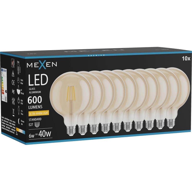 Mexen Vintis 10x LED-Filamentlampe E27, G125, 6W, Warm - 2200K, 600 lm, Amber - L158-E27-0622-50x10