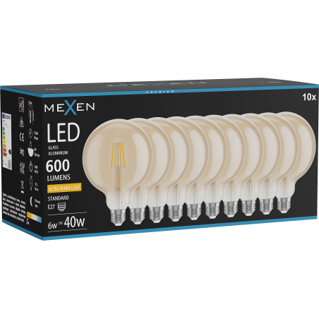 Mexen Vintis 10x LED-Filamentlampe E27, G125, 6W, Warm - 2200K, 600 lm, Amber - L158-E27-0622-50x10