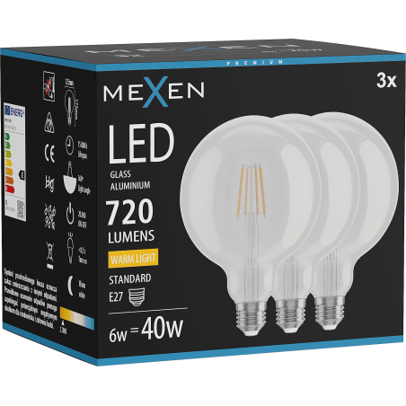Mexen Vintis 3x LED-Filamentlampe E27, G125, 6W, Warm – 2700K, 720 lm, klar - L158-E27-0627-00x03