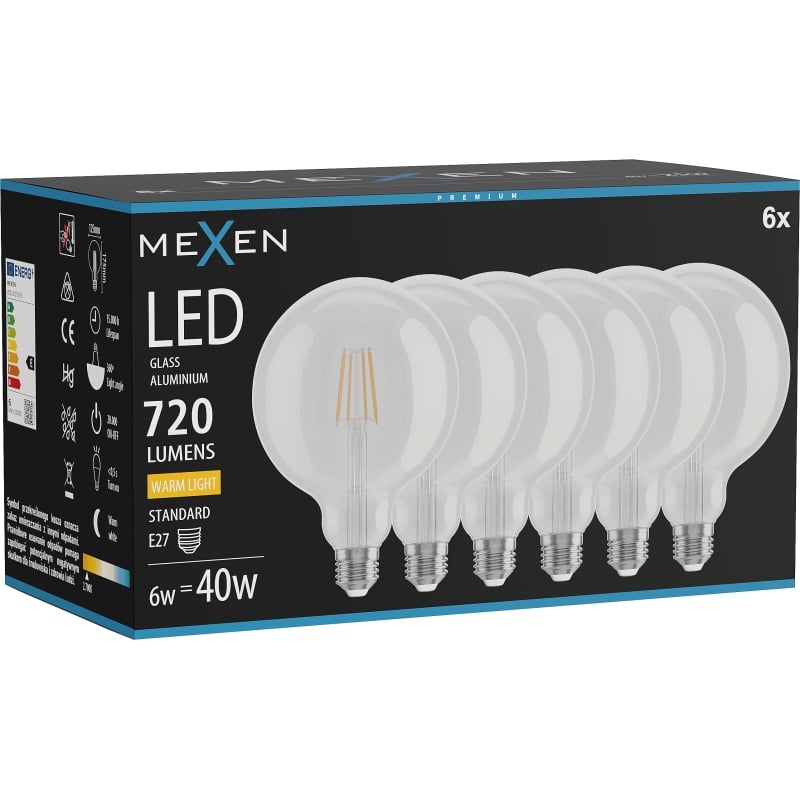 Mexen Vintis 6x LED-Filamentlampe E27, G125, 6W, Warm - 2700K, 720 lm, klar - L158-E27-0627-00x06