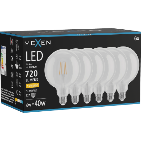 Mexen Vintis 6x LED-Filamentlampe E27, G125, 6W, Warm - 2700K, 720 lm, klar - L158-E27-0627-00x06