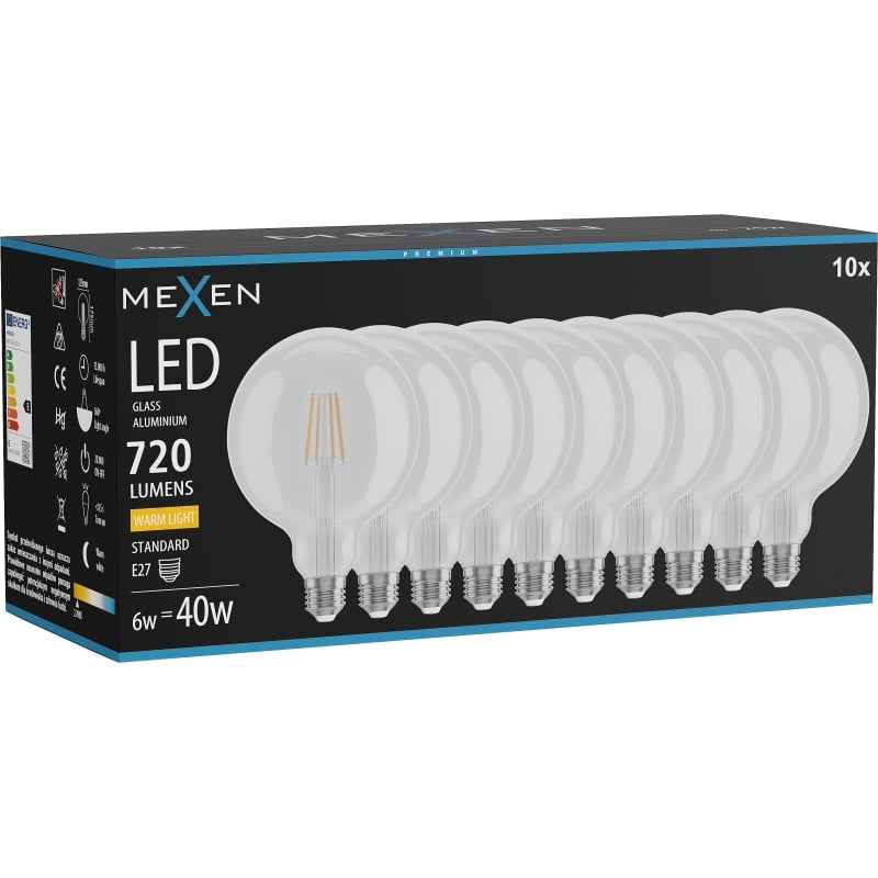 Mexen Vintis 10x LED-Filament-Glühbirne E27, G125, 6W, Warm - 2700K, 720 lm, klar - L158-E27-0627-00x10