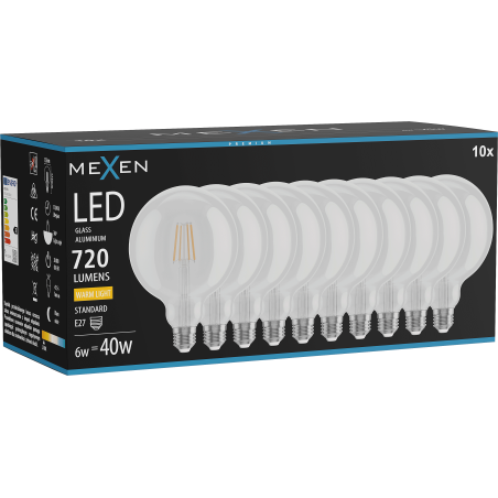 Mexen Vintis 10x LED-Filament-Glühbirne E27, G125, 6W, Warm - 2700K, 720 lm, klar - L158-E27-0627-00x10