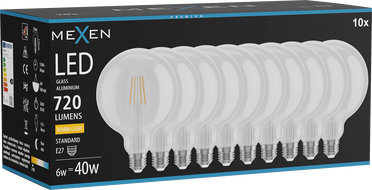 Mexen Vintis 10x LED-Filament-Glühbirne E27, G125, 6W, Warm - 2700K, 720 lm, klar - L158-E27-0627-00x10