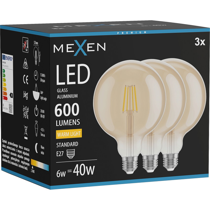 Mexen Vintis 3x LED-Filament-Glühbirne E27, G125, 6W, Warm - 2700K, 600 lm, amber - L158-E27-0627-50x03