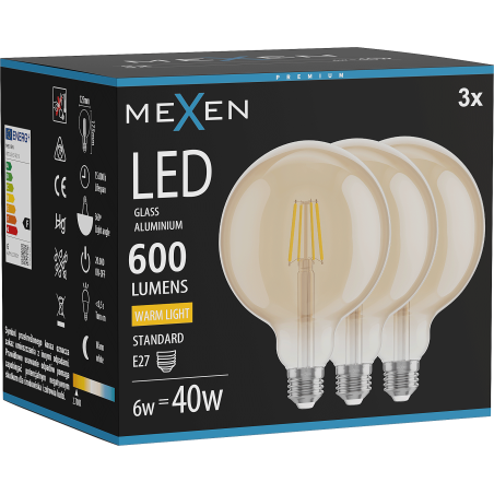 Mexen Vintis 3x LED-Filament-Glühbirne E27, G125, 6W, Warm - 2700K, 600 lm, amber - L158-E27-0627-50x03