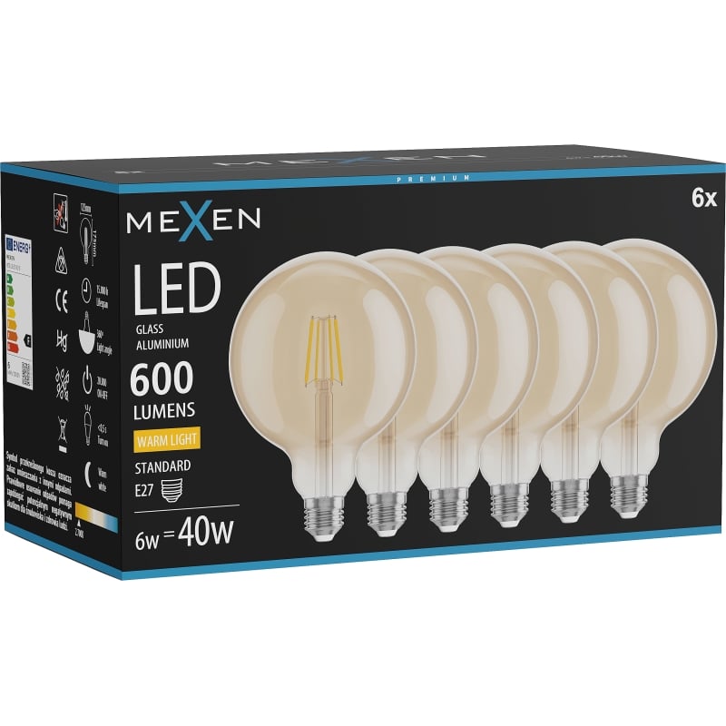 Mexen Vintis 6x LED-Filament-Glühbirne E27, G125, 6W, Warm - 2700K, 600 lm, amber - L158-E27-0627-50x06