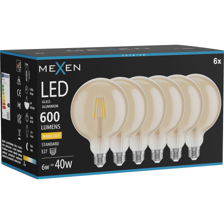 Mexen Vintis 6x LED-Filament-Glühbirne E27, G125, 6W, Warm - 2700K, 600 lm, amber - L158-E27-0627-50x06