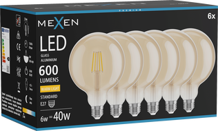 Mexen Vintis 6x LED-Filament-Glühbirne E27, G125, 6W, Warm - 2700K, 600 lm, amber - L158-E27-0627-50x06