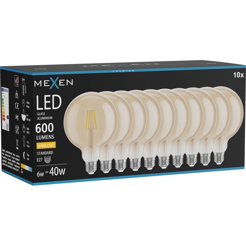 Mexen Vintis 10x LED-Filament-Glühbirne E27, G125, 6W, Warm - 2700K, 600 lm, amber - L158-E27-0627-50x10