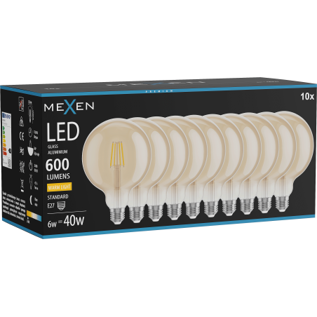 Mexen Vintis 10x LED-Filament-Glühbirne E27, G125, 6W, Warm - 2700K, 600 lm, amber - L158-E27-0627-50x10