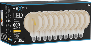 Mexen Vintis 10x LED-Filament-Glühbirne E27, G125, 6W, Warm - 2700K, 600 lm, amber - L158-E27-0627-50x10