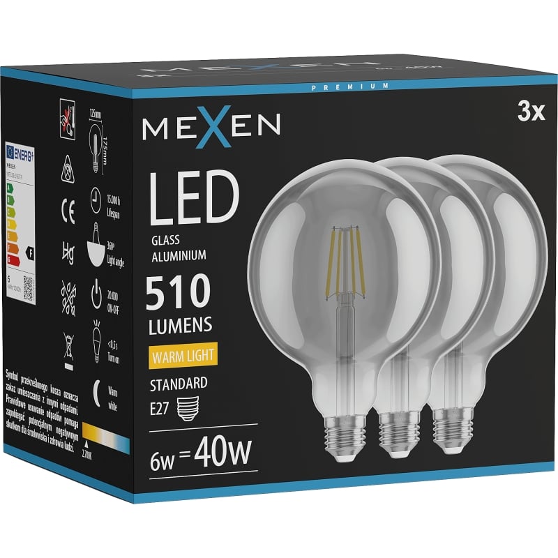 Mexen Vintis 3x LED-Filament-Glühlampe E27, G125, 6W, Warm - 2700K, 510 lm, Rauch - L158-E27-0627-70x03