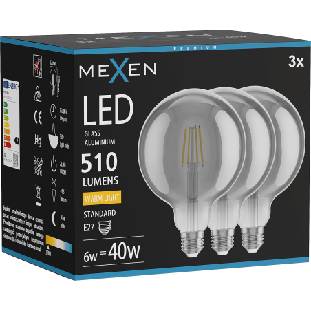 Mexen Vintis 3x LED-Filament-Glühlampe E27, G125, 6W, Warm - 2700K, 510 lm, Rauch - L158-E27-0627-70x03