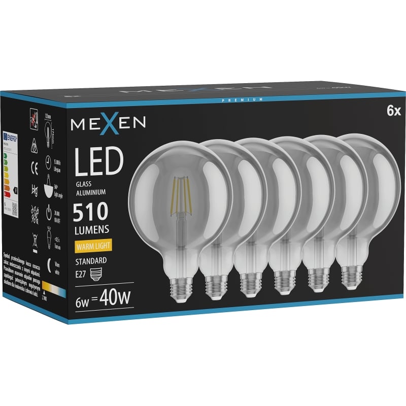 Mexen Vintis 6x LED-Filament-Glühbirne E27, G125, 6W, Warm - 2700K, 510 lm, Rauch - L158-E27-0627-70x06