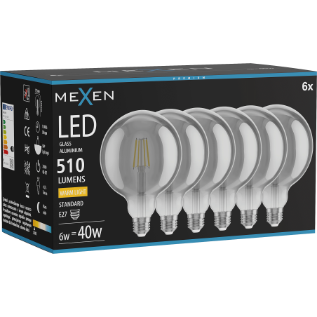 Mexen Vintis 6x LED-Filament-Glühbirne E27, G125, 6W, Warm - 2700K, 510 lm, Rauch - L158-E27-0627-70x06