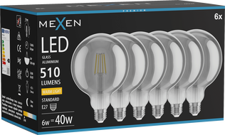 Mexen Vintis 6x LED-Filament-Glühbirne E27, G125, 6W, Warm - 2700K, 510 lm, Rauch - L158-E27-0627-70x06