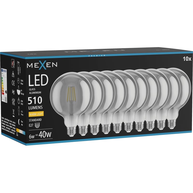 Mexen Vintis 10x LED-Filamentlampe E27, G125, 6W, Warm - 2700K, 510 lm, Rauch - L158-E27-0627-70x10