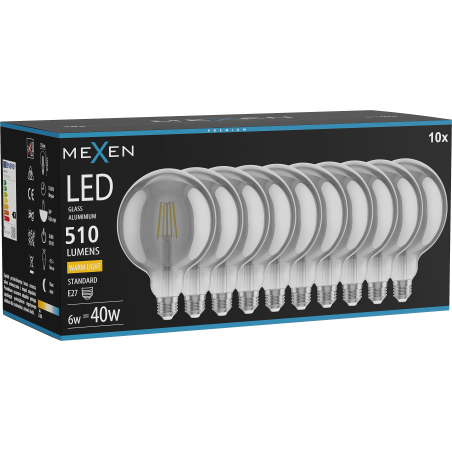 Mexen Vintis 10x LED-Filamentlampe E27, G125, 6W, Warm - 2700K, 510 lm, Rauch - L158-E27-0627-70x10