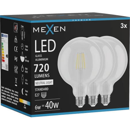 Mexen Vintis 3x LED-Filamentlampe E27, G125, 6W, Neutral - 4000K, 720 lm, klar - L158-E27-0640-00x03