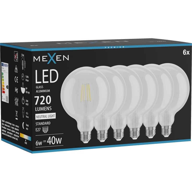 Mexen Vintis 6x LED-Filamentlampe E27, G125, 6W, Neutral - 4000K, 720 lm, klar - L158-E27-0640-00x06