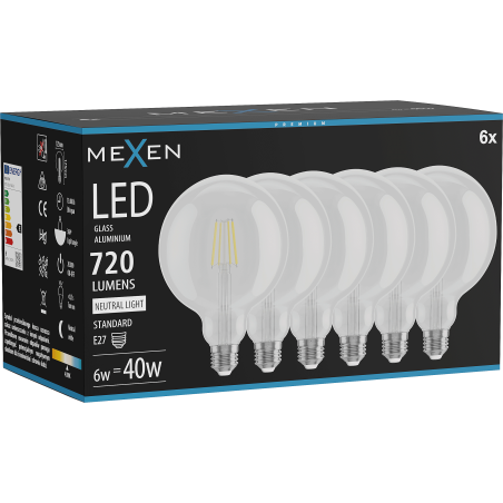 Mexen Vintis 6x LED-Filamentlampe E27, G125, 6W, Neutral - 4000K, 720 lm, klar - L158-E27-0640-00x06