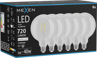 Mexen Vintis 6x LED-Filamentlampe E27, G125, 6W, Neutral - 4000K, 720 lm, klar - L158-E27-0640-00x06