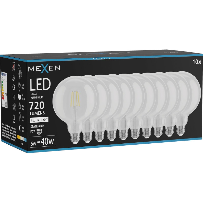 Mexen Vintis 10x LED-Filament-Glühbirne E27, G125, 6W, Neutral - 4000K, 720 lm, klar - L158-E27-0640-00x10