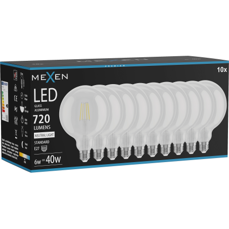 Mexen Vintis 10x LED-Filament-Glühbirne E27, G125, 6W, Neutral - 4000K, 720 lm, klar - L158-E27-0640-00x10