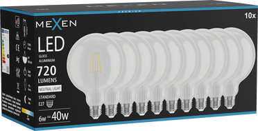Mexen Vintis 10x LED-Filament-Glühbirne E27, G125, 6W, Neutral - 4000K, 720 lm, klar - L158-E27-0640-00x10