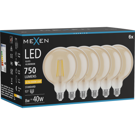 Mexen Vintis 6x LED-Filamentlampe E27, G125, 8W, Warm - 2200K, 750 lm, amber - L158-E27-0822-50x06