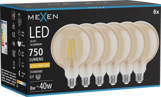 Mexen Vintis 6x LED-Filamentlampe E27, G125, 8W, Warm - 2200K, 750 lm, amber - L158-E27-0822-50x06