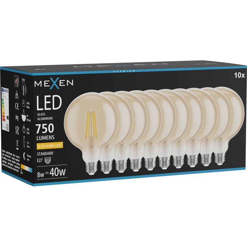 Mexen Vintis 10x LED-Filament-Glühbirne E27, G125, 8W, Warm - 2200K, 750 lm, bernstein - L158-E27-0822-50x10