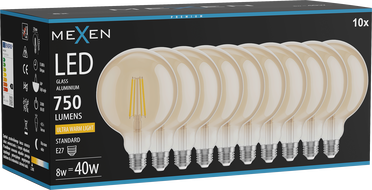 Mexen Vintis 10x LED-Filament-Glühbirne E27, G125, 8W, Warm - 2200K, 750 lm, bernstein - L158-E27-0822-50x10