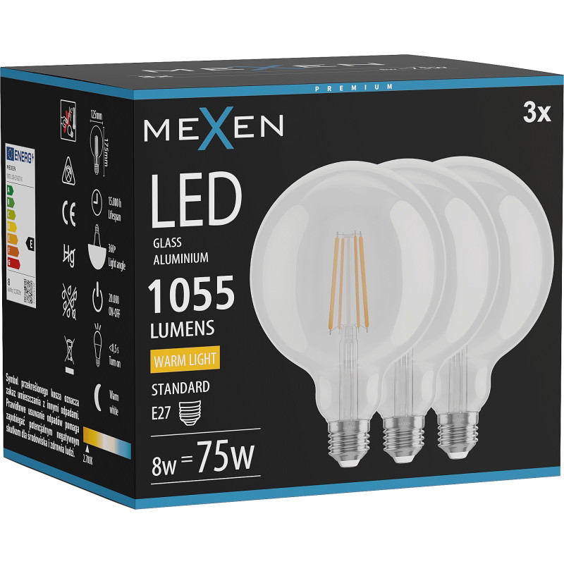Mexen Vintis 3x LED-Filamentlampe E27, G125, 8W, Warm - 2700K, 1055 lm, klar - L158-E27-0827-00x03