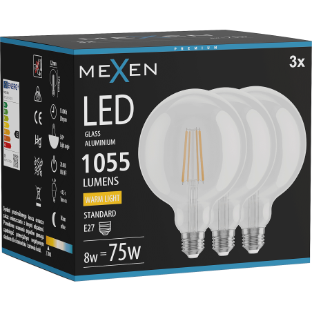Mexen Vintis 3x LED-Filamentlampe E27, G125, 8W, Warm - 2700K, 1055 lm, klar - L158-E27-0827-00x03