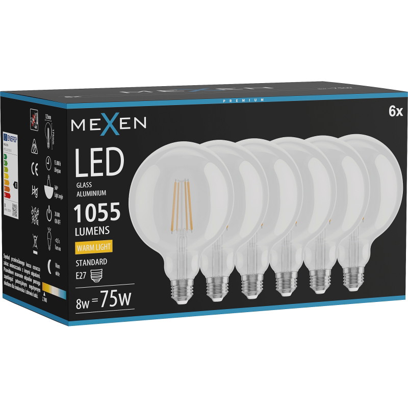 Mexen Vintis 6x Filament-LED-Glühbirne E27, G125, 8W, Warm - 2700K, 1055 lm, klar - L158-E27-0827-00x06