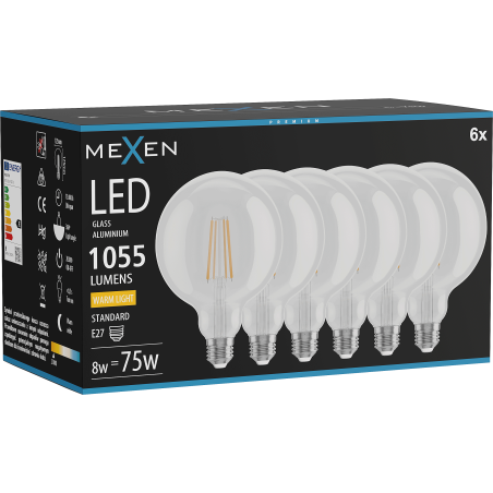 Mexen Vintis 6x Filament-LED-Glühbirne E27, G125, 8W, Warm - 2700K, 1055 lm, klar - L158-E27-0827-00x06