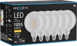 Mexen Vintis 6x Filament-LED-Glühbirne E27, G125, 8W, Warm - 2700K, 1055 lm, klar - L158-E27-0827-00x06