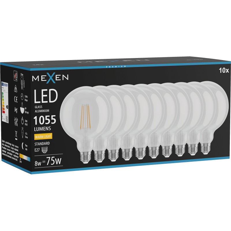 Mexen Vintis 10x LED-Filament-Glühbirne E27, G125, 8W, Warm - 2700K, 1055 lm, klar - L158-E27-0827-00x10