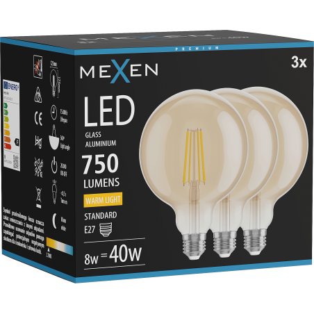 Mexen Vintis 3x LED-Filamentlampe E27, G125, 8W, Warm - 2700K, 750 lm, amber - L158-E27-0827-50x03