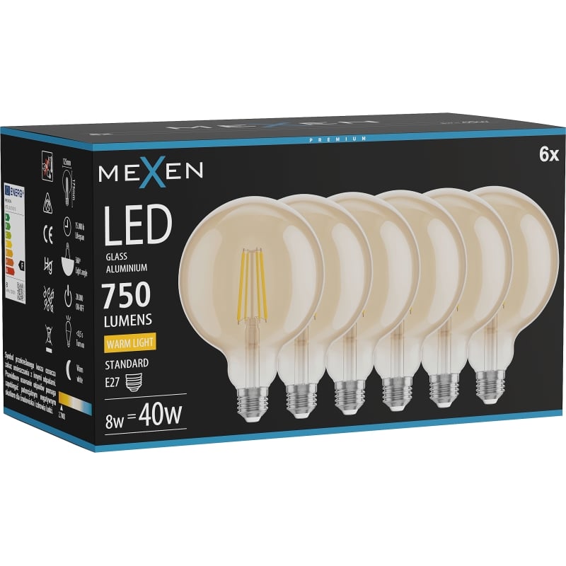 Mexen Vintis 6x LED-Filament-Glühbirne E27, G125, 8W, Warm - 2700K, 750 lm, amber - L158-E27-0827-50x06