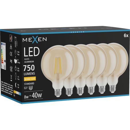 Mexen Vintis 6x LED-Filament-Glühbirne E27, G125, 8W, Warm - 2700K, 750 lm, amber - L158-E27-0827-50x06