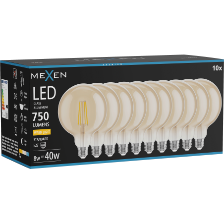 Mexen Vintis 10x LED-Filamentlampe E27, G125, 8W, Warm - 2700K, 750 lm, amber - L158-E27-0827-50x10